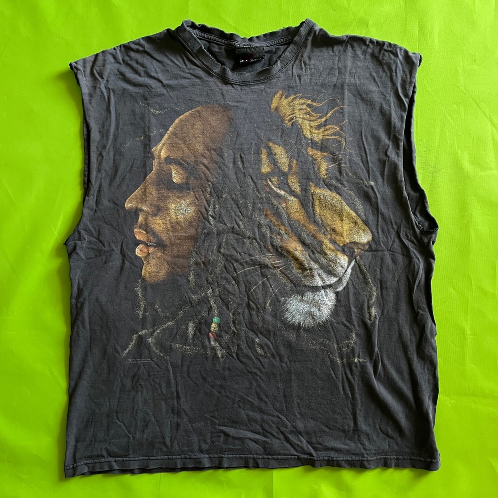 XL VTG Zion Rootswear Bob Marley Lion of Judah Graphic Muscle Tee Faded Black